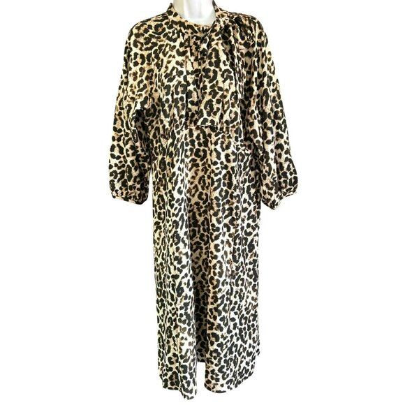 Calvin Klein Leopard Print Midi Dress Neck TIe Empire Waist Dress Mock Neck - Picture 2 of 6